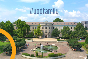 Beautiful photo of the main builfing of a Hungarian university of applied sciences, the University of Dunaújváros.